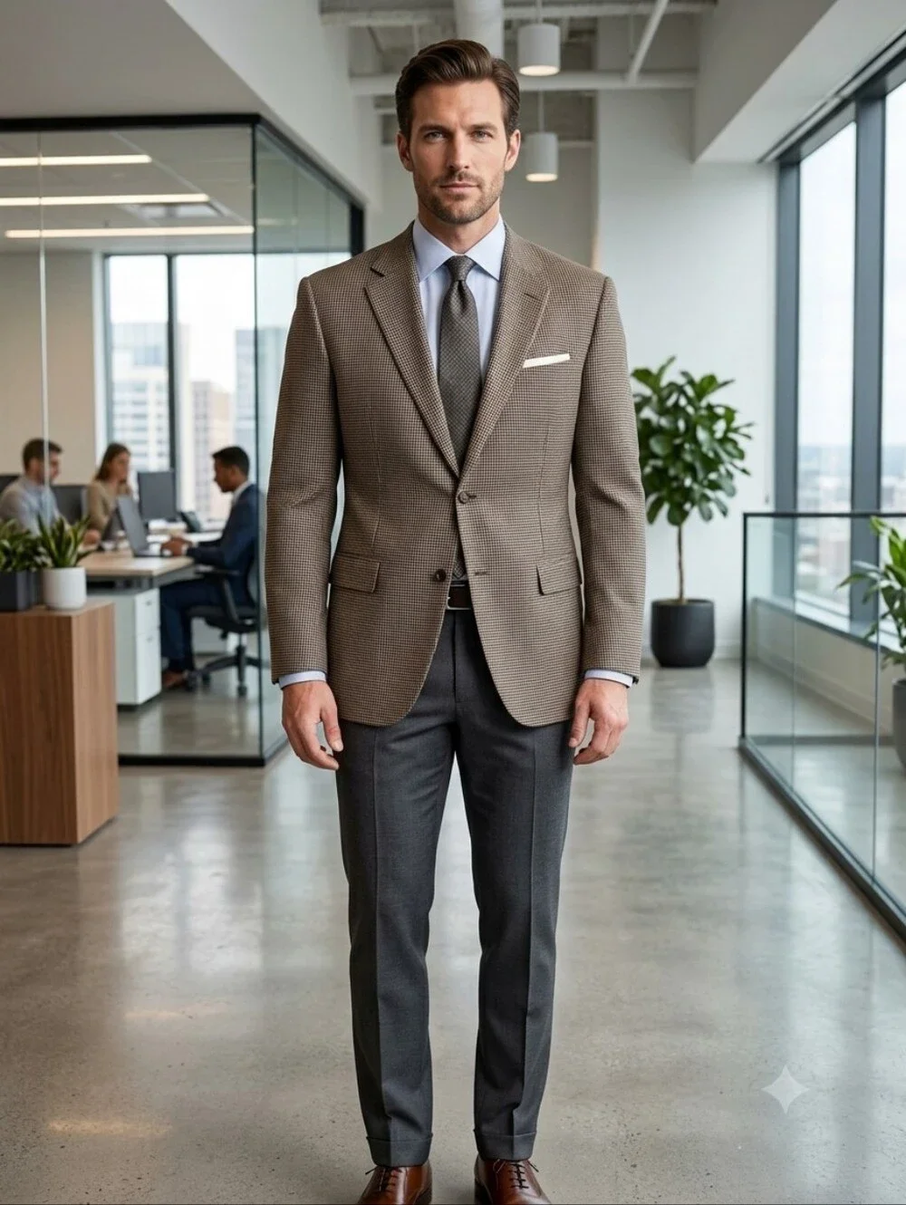 Oscar De La Renta Mens Blazer 48L Brown Wool Houndstooth 2 Button Casual Jacket